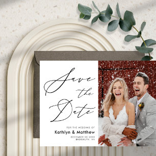 Natural White Elegant Script Modern Photo Wedding Save The Date