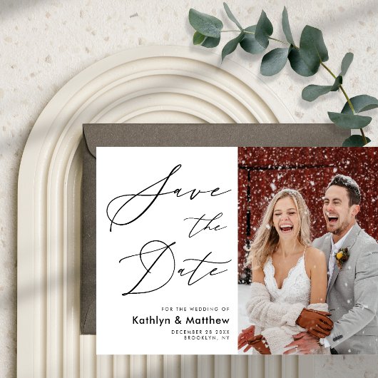 Natural White Elegant Script Modern Photo Wedding Save The Date