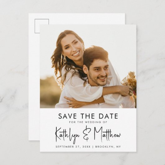 Natural White Fun Script Modern Photo Weddenschap  Aankondigingskaart (Voorkant / Achterkant)