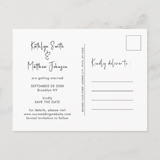 Natural White Fun Script Modern Photo Weddenschap Aankondigingskaart (Achterkant)