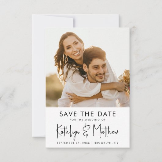 Natural White Fun Script Modern Photo Wedding Save The Date (Voorkant)