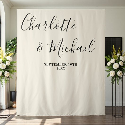 Natural White Script Minimalist Wedding Backdrop Wandkleed