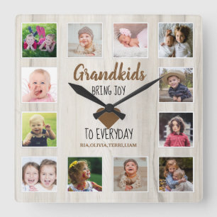 Natural Wood 12 Photo Collage Grandchildren Quote Vierkante Klok
