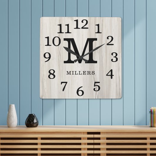 Natural Wood Large Numbers Family Name Monogram Vierkante Klok