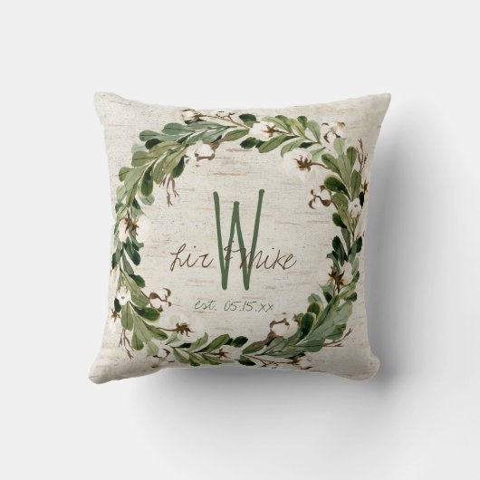 Natural Wreath Monogram Namen Wedding Keepsake Kussen (Achterkant)