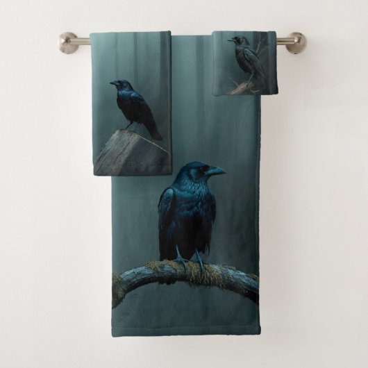 Nature Foggy Forest Bird Ravens and Crows Bad Handdoek (Insitu)