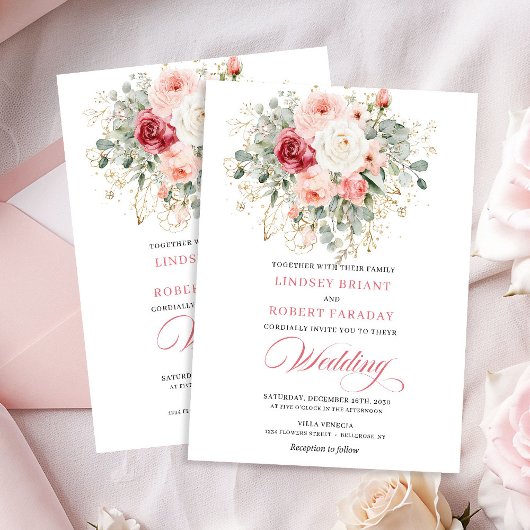 Nature-Inspired Blush Roses Boho Wedding Invite Kaart