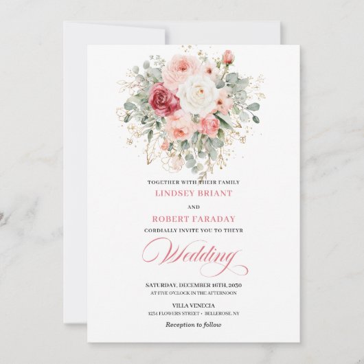 Nature-Inspired Blush Roses Boho Wedding Invite Kaart (Voorkant)