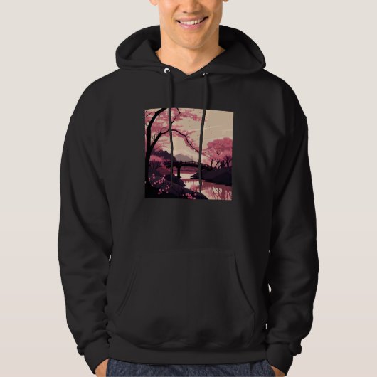 Nature Inspired Cherry Blossom River and Bridge Hoodie (Voorkant)