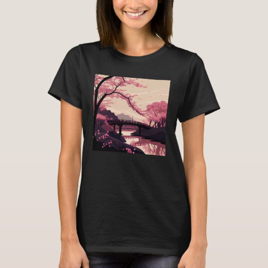 Nature Inspired Cherry Blossom River and Bridge T-shirt (Voorkant)