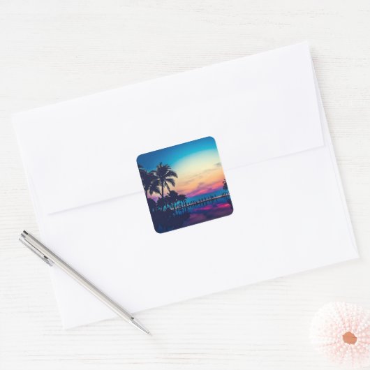 Nature Landscape Pool Palm Trees-25925 Vierkante Sticker (Envelop)