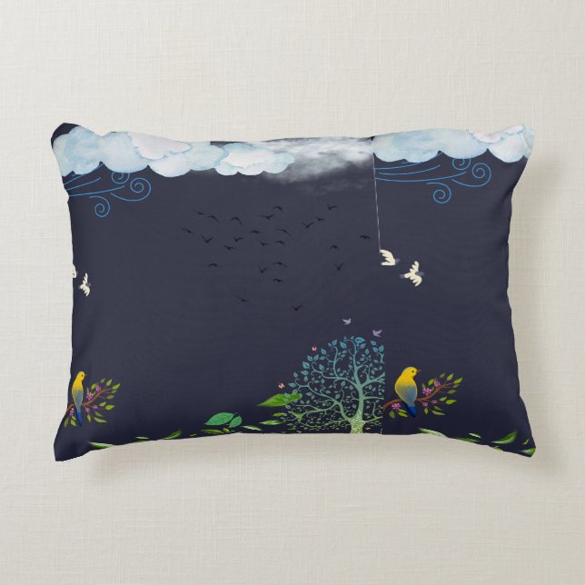 Nature’s Whisper – Birds and Clouds Decorative Pil Accent Kussen (Voorkant)