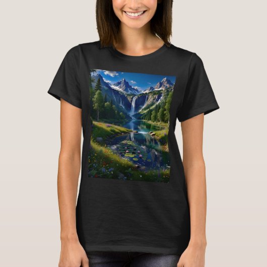 Nature Scene Mountains Waterfalls Lake Pond Trees  T-shirt (Voorkant)