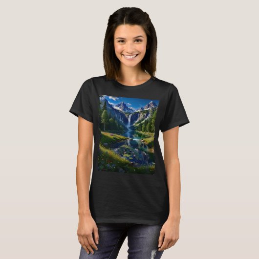 Nature Scene Mountains Waterfalls Lake Pond Trees  T-shirt (Voorkant volledig)