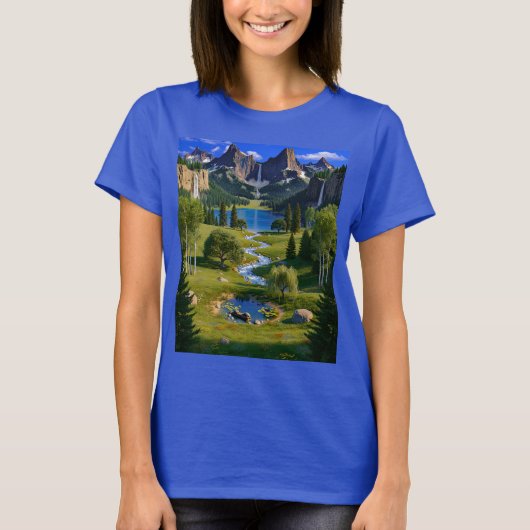 Nature Scene Mountains Waterfalls Lake Stream Pond T-shirt (Voorkant)