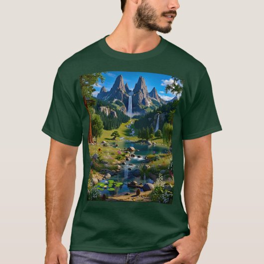 Nature Scene Mountains Waterfalls Trees Lake Pond T-shirt (Voorkant)