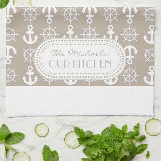 Naturel | Monogram witte Nautical Anchors Wheels Theedoek (Gevouwen)