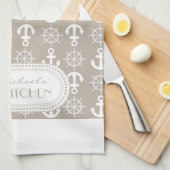 Naturel | Monogram witte Nautical Anchors Wheels Theedoek (Quarter Fold)