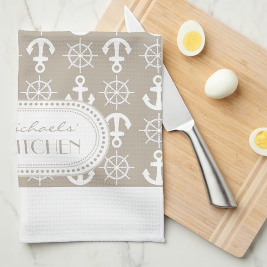 Naturel | Monogram witte Nautical Anchors Wheels Theedoek (Quarter Fold)