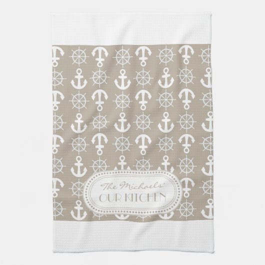 Naturel | Monogram witte Nautical Anchors Wheels Theedoek (Verticaal)