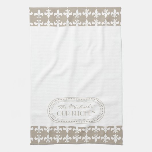 Naturel | Witte Fleur de Lis patroon Monogram Theedoek (Verticaal)