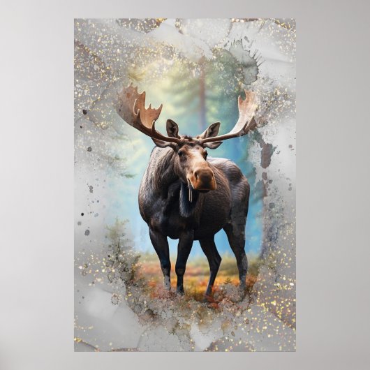 *~* Natuur AP49 MOOSE Artsy Forest Gold Glitter Poster (Voorkant)