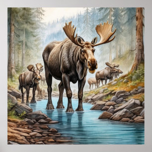 *~* Natuur AP49 MOOSE HERD Forest STREAM Poster