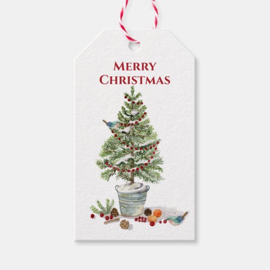 Natuur Bird Kerstboom Waterverf Rustiek Plaid Cadeaulabel (Voorkant)