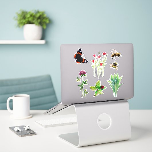 Natuur bloemen, bijen, vlinder sticker (Laptop op bureau)