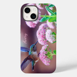 Natuur Blue Hummingbird Pink Flowers Name Case-Mate iPhone 14 Hoesje