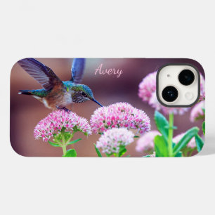 Natuur Blue Hummingbird Pink Flowers Name Case-Mate iPhone 14 Hoesje