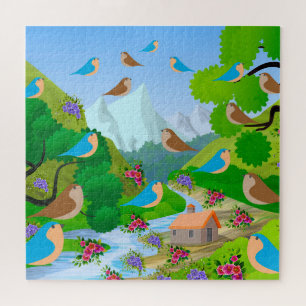 Natuur Bomen Vogels Bloemen Rivier Huis, Leeftijd Legpuzzel