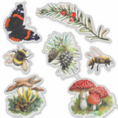 Natuur bospaddenstoelen, bijen, vlinder sticker (Voorkant)