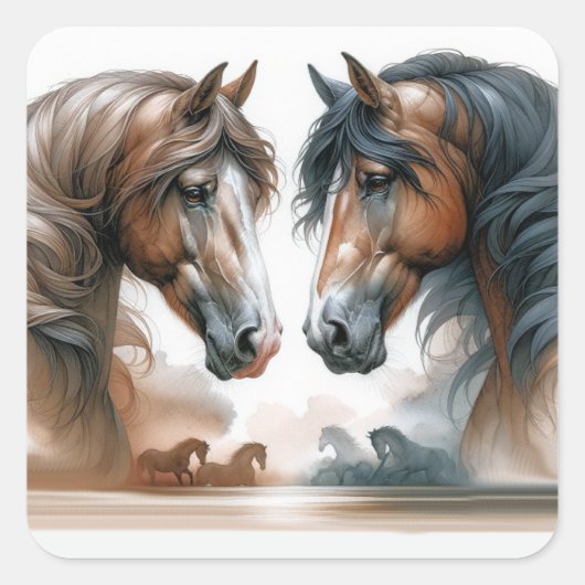 Natuur bruine paarden bruiloft vierkante sticker (Voorkant)
