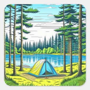 Natuur Camping Theme Tent in de Bossen Vierkante Sticker