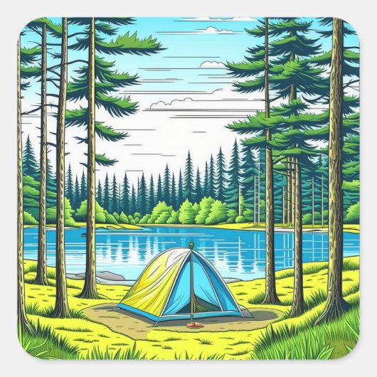 Natuur Camping Theme Tent in de Bossen Vierkante Sticker (Voorkant)