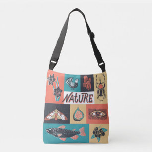 Natuur-elementen, retro-stijlpictogrammen. crossbody tas