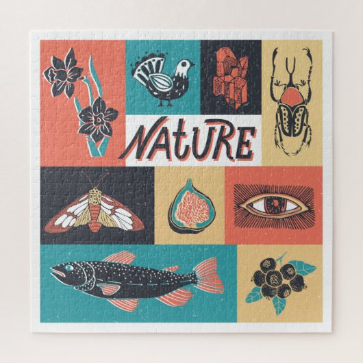 Natuur-elementen, retro-stijlpictogrammen. legpuzzel (Verticaal)