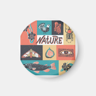 Natuur-elementen, retro-stijlpictogrammen. magneet