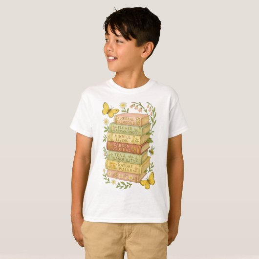 Natuur en boekenliefhebber Botanische Stack T-shirt (Voorkant volledig)