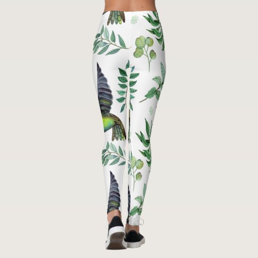 Natuur geïnspireerd groen bloemenvogelpatroon leggings (Achterkant)