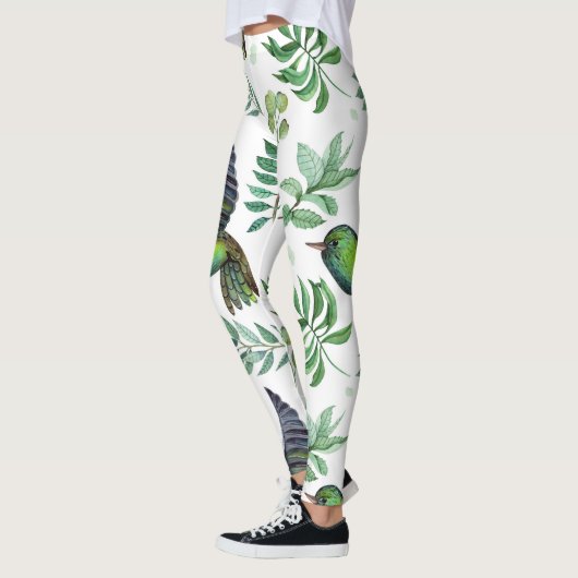 Natuur geïnspireerd groen bloemenvogelpatroon leggings (Links)