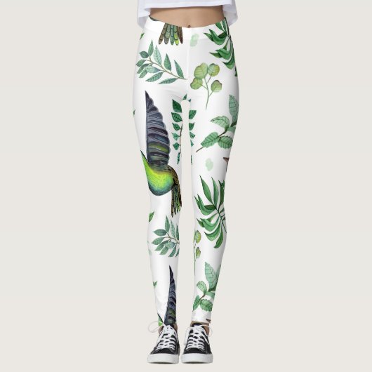 Natuur geïnspireerd groen bloemenvogelpatroon leggings (Voorkant)