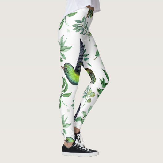 Natuur geïnspireerd groen bloemenvogelpatroon leggings (Rechts)