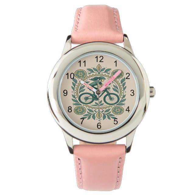 Natuur-geïnspireerde Vrouw Fietser Art – Boho Biki Horloge (Voorkant)