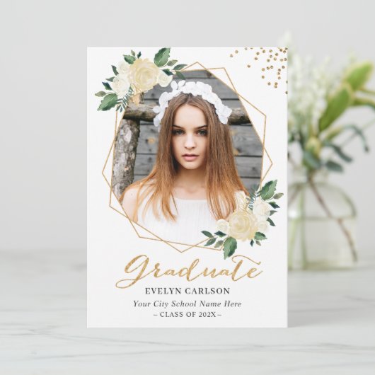 Natuur Green Gold Floral Foto Graduation Party Kaart (Staand voorkant)
