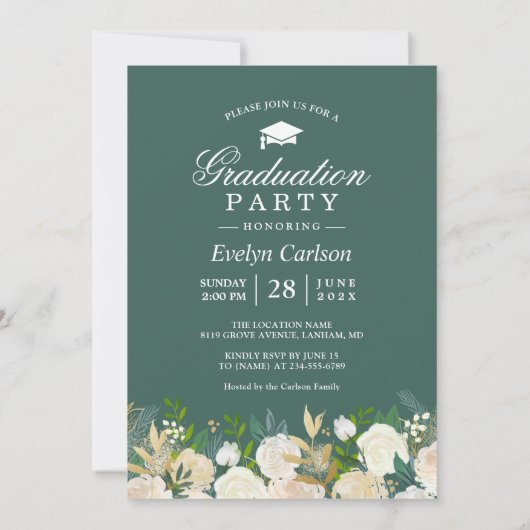 Natuur Green Gold Floral Foto Graduation Party Kaart (Achterkant)