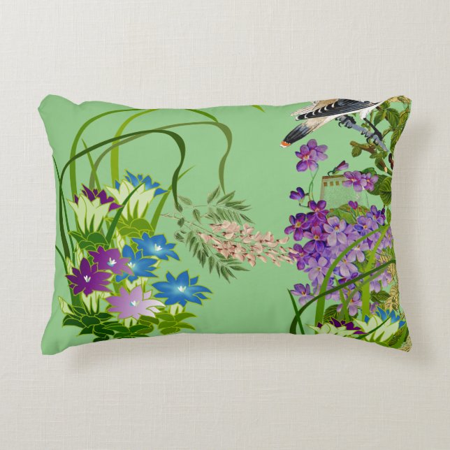 Natuur Greenery Waterverf Floral Bird Lila Bloom Accent Kussen (Voorkant)