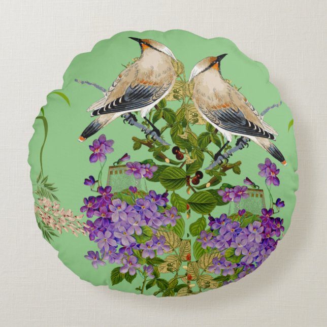Natuur Greenery Waterverf Floral Bird Lila Bloom Rond Kussen (Voorkant)