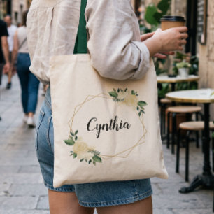 Natuur Groen Ivoor Goud Waterverf Bloemmotief Tote Bag